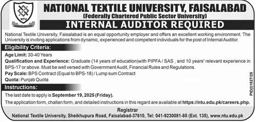 Jobs in National Textile University Faisalabad